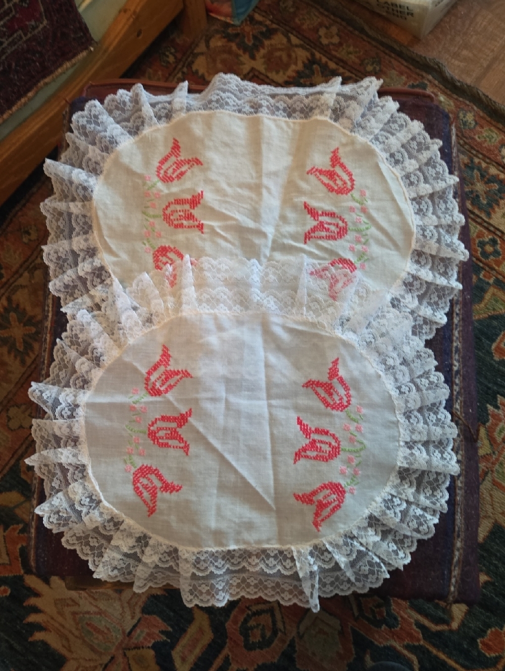 Two Vintage Cottage style, White Floral Embroidered, Lace trimmed Table Linens